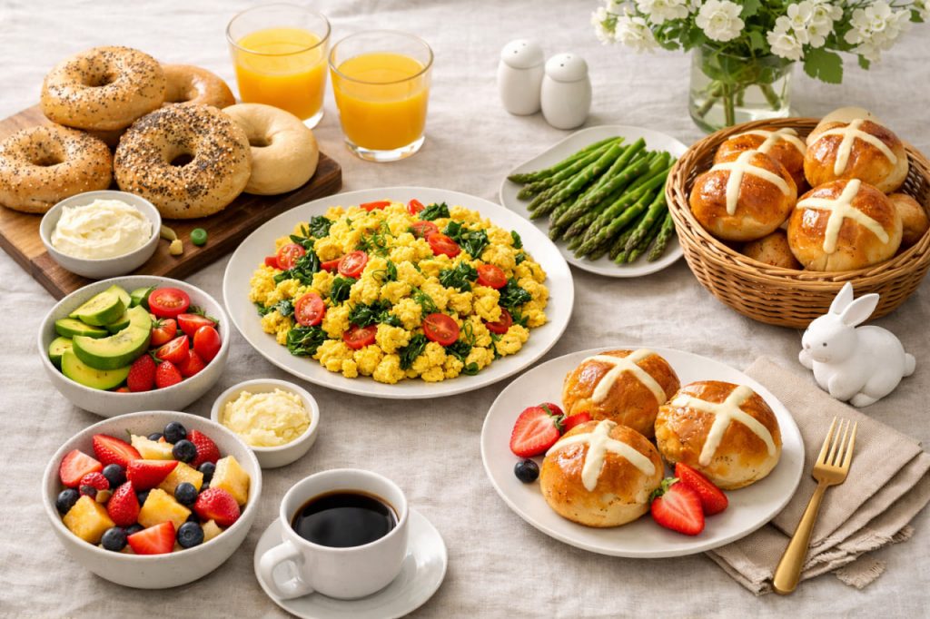 Veganer Osterbrunch mit Möhren-Lachs-Bagels, Rührtofu und herzhaften Hefeschnecken auf einem festlich gedeckten Tisch