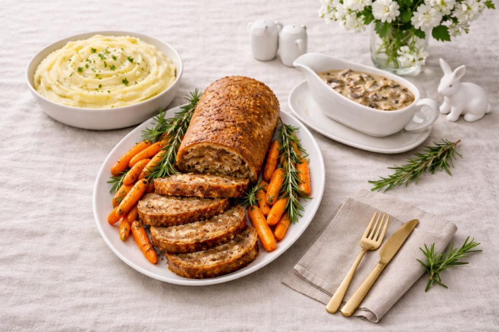 Veganes Osterhauptgericht mit Nussbraten, Kartoffelpüree und frischen Kräutern auf hellem Teller