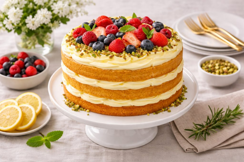 Vegane Ostertorte mit Zitronencreme, Beeren und Pistazien als festliches Osterdessert