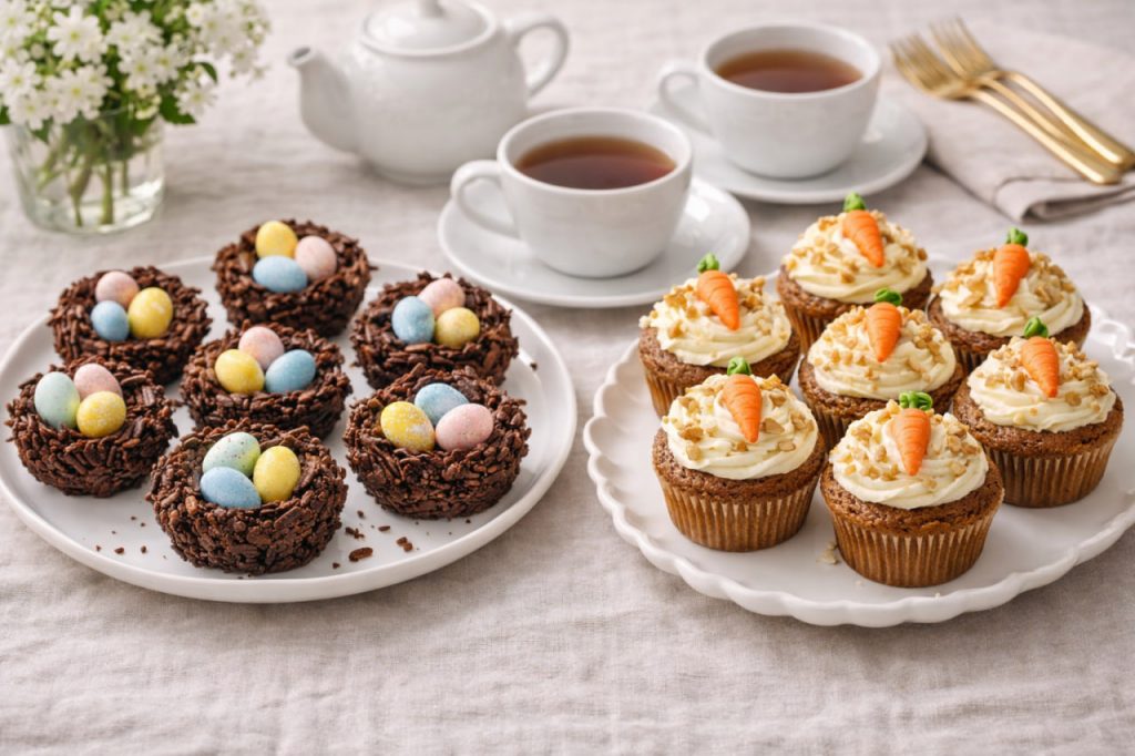 Schoko-Nester und Karottenkuchen-Muffins als kinderfreundliche vegane Osterdesserts