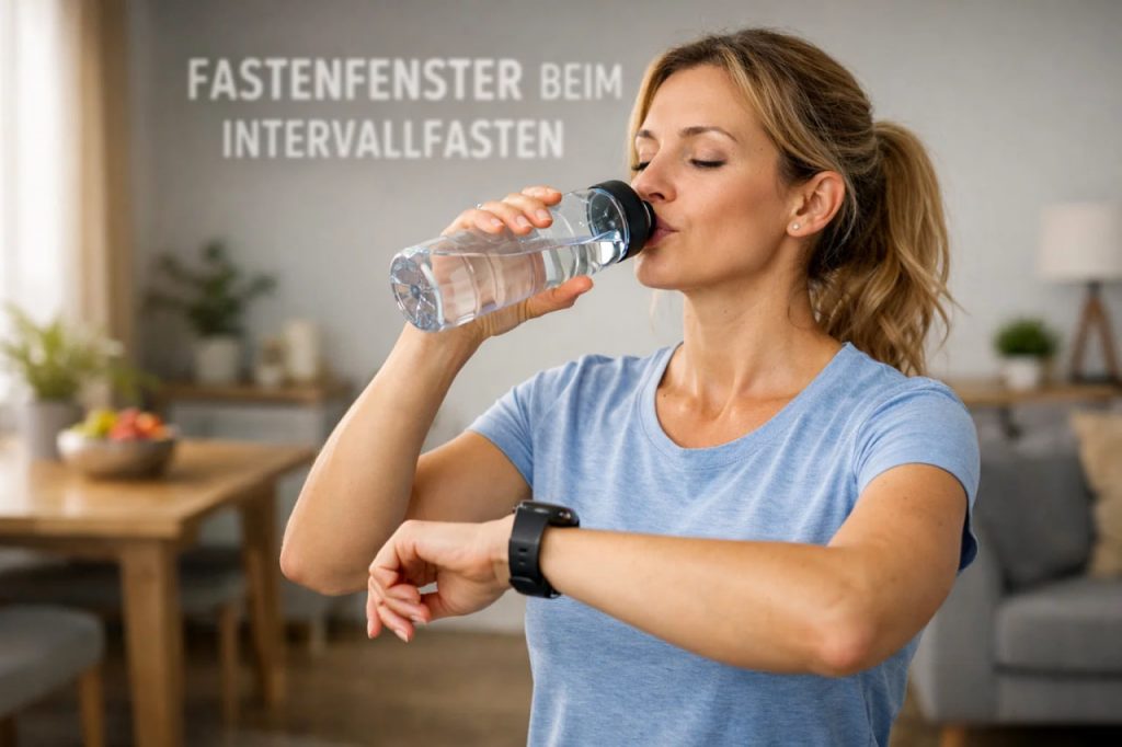 Frau blickt auf Uhr und trinkt Wasser während des Fastenfensters beim Intervallfasten