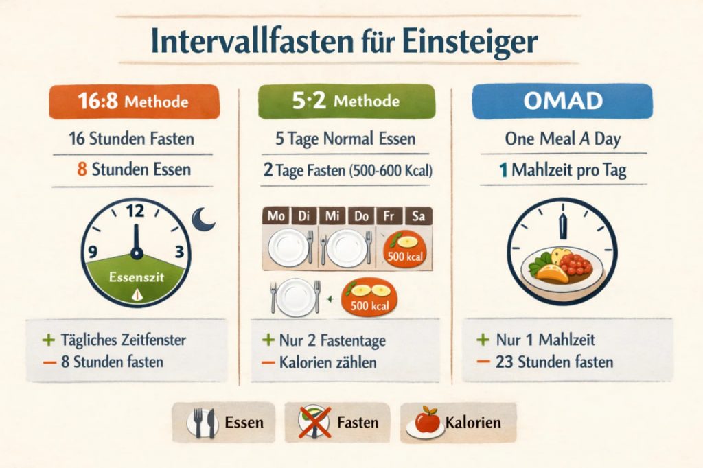 Vergleichsgrafik zu 16:8, 5:2 und OMAD für Intervallfasten-Anfänger