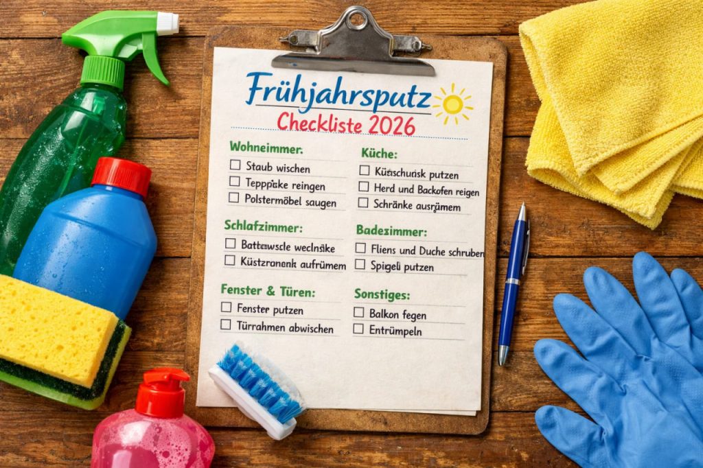 Frühjahrsputz Checkliste 2026 auf Papier mit Reinigungsmitteln und Putztuch auf einem Holztisch