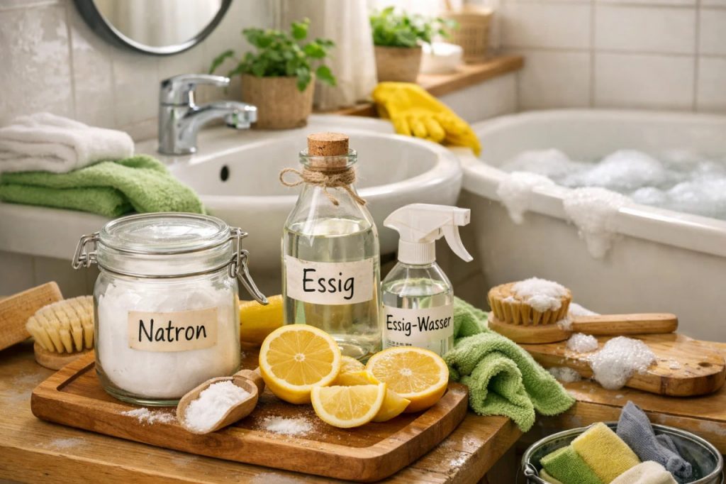 Badezimmer beim Frühjahrsputz mit natürlichen Hausmitteln wie Natron, Essig und Zitrone