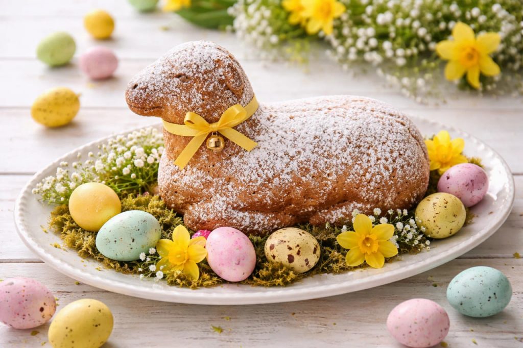 Osterlamm backen: Das beste Rezept für saftigen Rührkuchen in Lammform Frisch gebackenes Osterlamm mit Puderzucker auf einer Osterplatte