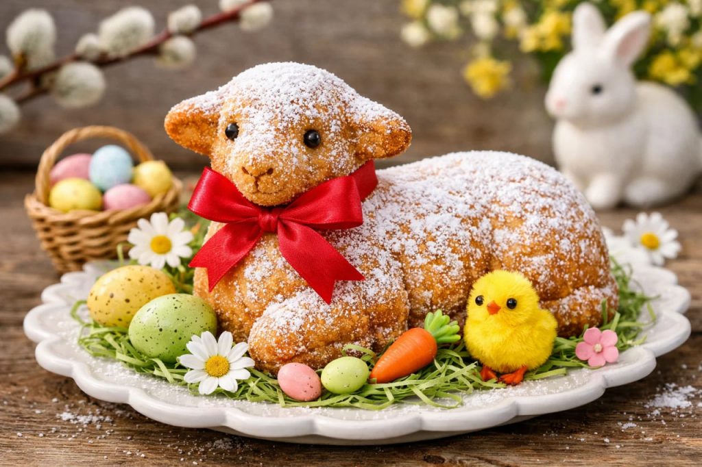 Dekoriertes Osterlamm mit Schleife, Puderzucker und kleiner Osterdeko