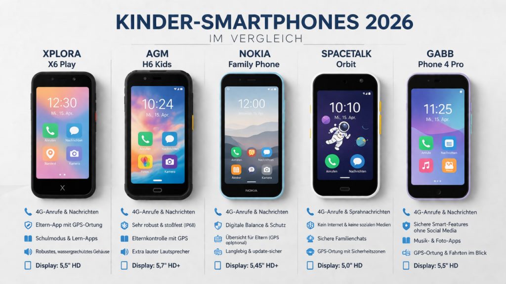Vergleich mehrerer Kinder-Smartphones 2026 nebeneinander auf hellem Hintergrund