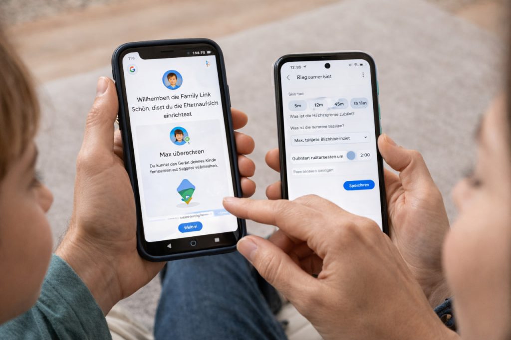 Eltern richten Google Family Link und Bildschirmzeit auf einem Kinderhandy ein