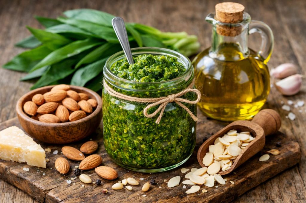 Hausgemachtes Bärlauchpesto im Glas mit Mandeln und Olivenöl