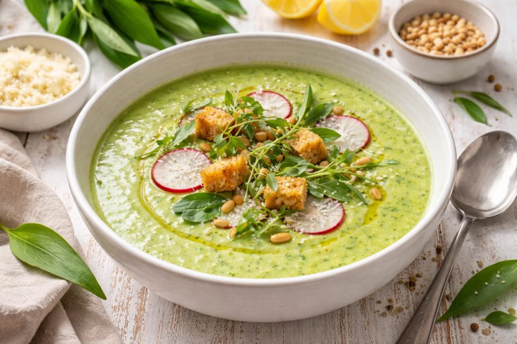 Cremige Bärlauchsuppe in einer hellen Schale mit frischem Topping