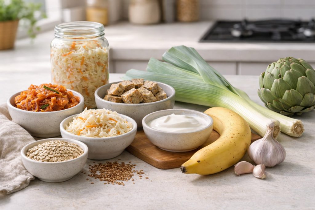 Glas mit fermentiertem Gemüse und kleine Schalen mit Kimchi, Sauerkraut und Tempeh in einer hellen Küche