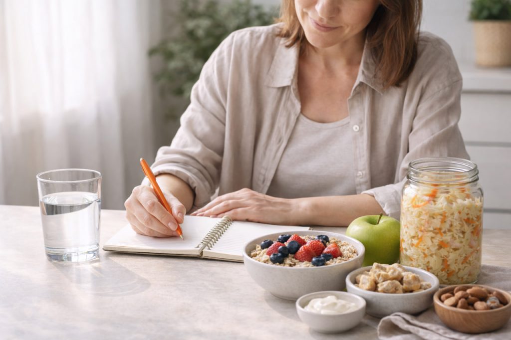 Frau plant eine darmfreundliche Wochenroutine mit Frühstück, Wasserflasche, Notizbuch und gesunden Zutaten