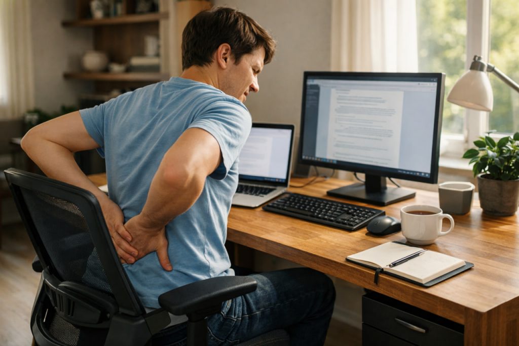 Rückenschmerzen im Homeoffice: Übungen, Haltung und der richtige Schreibtisch Rückenschmerzen Homeoffice: Übungen & Ergonomie-Tipps | VollVeggie
